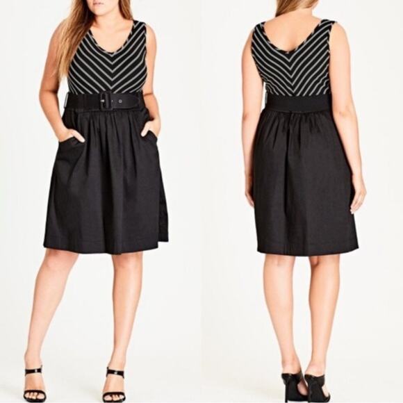 City Chic Ahoy Sailor Belted Fit Flare Dress Sleeveless Black White Nautical 20 - Picture 1 of 13